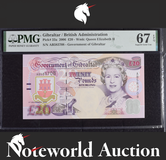 Gibraltar British Administration £20 2006 P 33a UNC PMG 67 EPQ