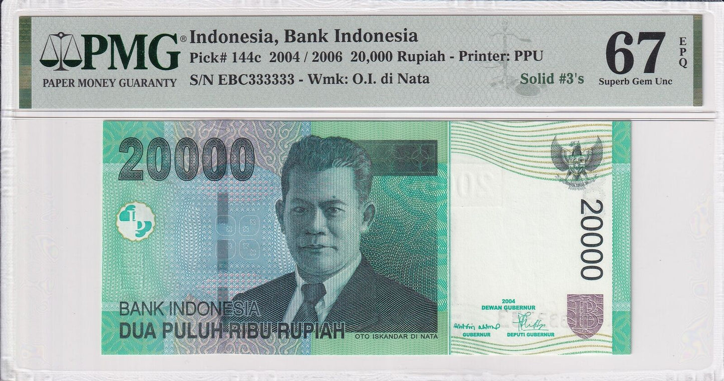 INDONESIA 20000 Rupiah 2004/2006 P 144c Fancy SOLID 3 - 333333 UNC PMG 67 EPQ