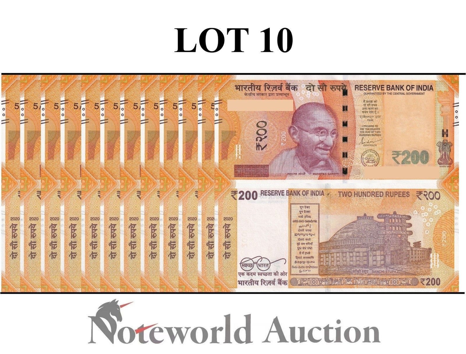 INDIA 200 Rupees 2020 P 113 Lot 10 pcs 1/10 Bundle UNC