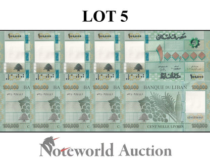 LEBANON 100000 100,000 Livres 2022 P 95 Lot 5 pcs 1/20 Bundle UNC