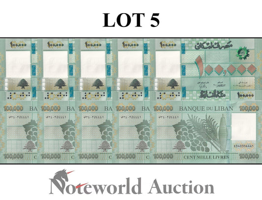 LEBANON 100000 100,000 Livres 2022 P 95 Lot 5 pcs 1/20 Bundle UNC