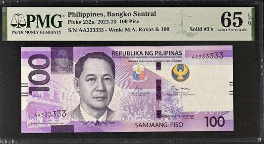 PHILIPPINES 100 2023 P 232A W/Blind Mark Prefix AA Fancy SOLID 3 PMG 65 EPQ