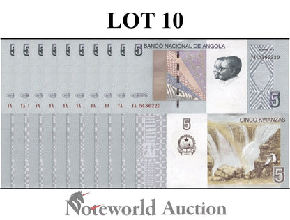 ANGOLA Lot 10 pcs 1/10 Bundle - 5 Kwanzas 2012 P 151A UNC