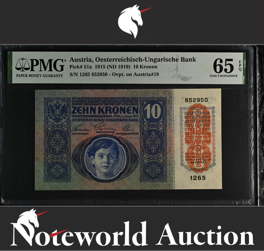 Austria Oesterreichisch-Ungarische Bank 10 1915 ND 1919 P 51a UNC PMG 65 EPQ