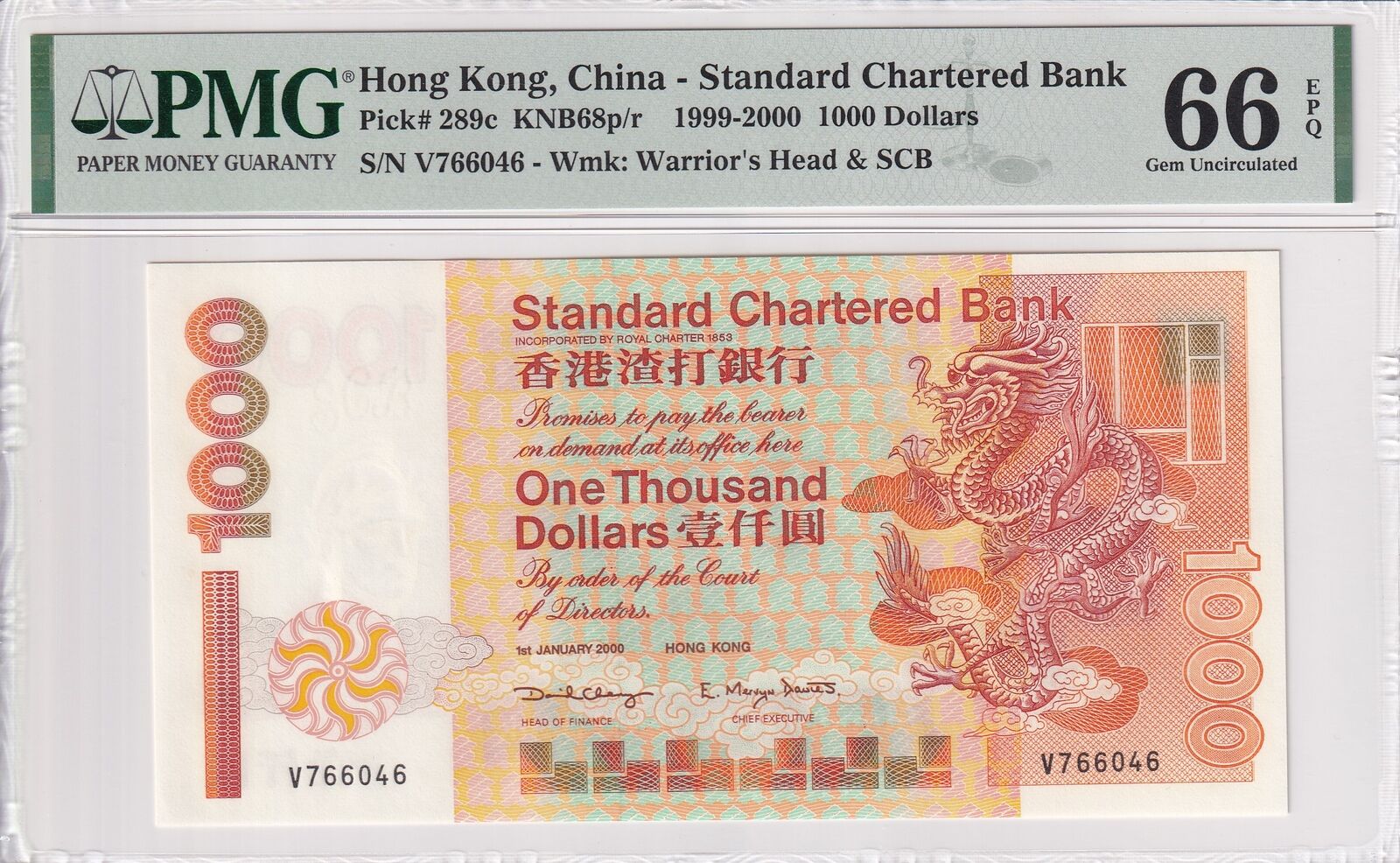 HONG KONG SCB 1000 Dollars (2000) 1999-2000 P 289c UNC PMG 66 EPQ