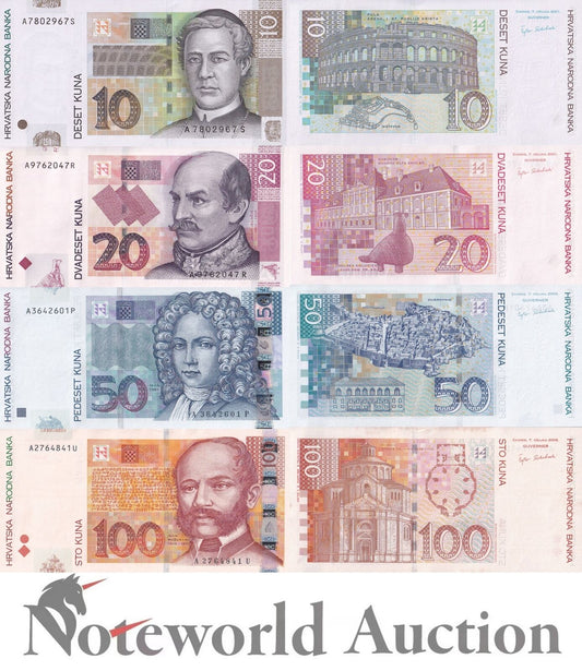 CROATIA Set 4 pcs - 10 20 50 100  Kuna 2001-2002 P 38a 39a 40 41a UNC