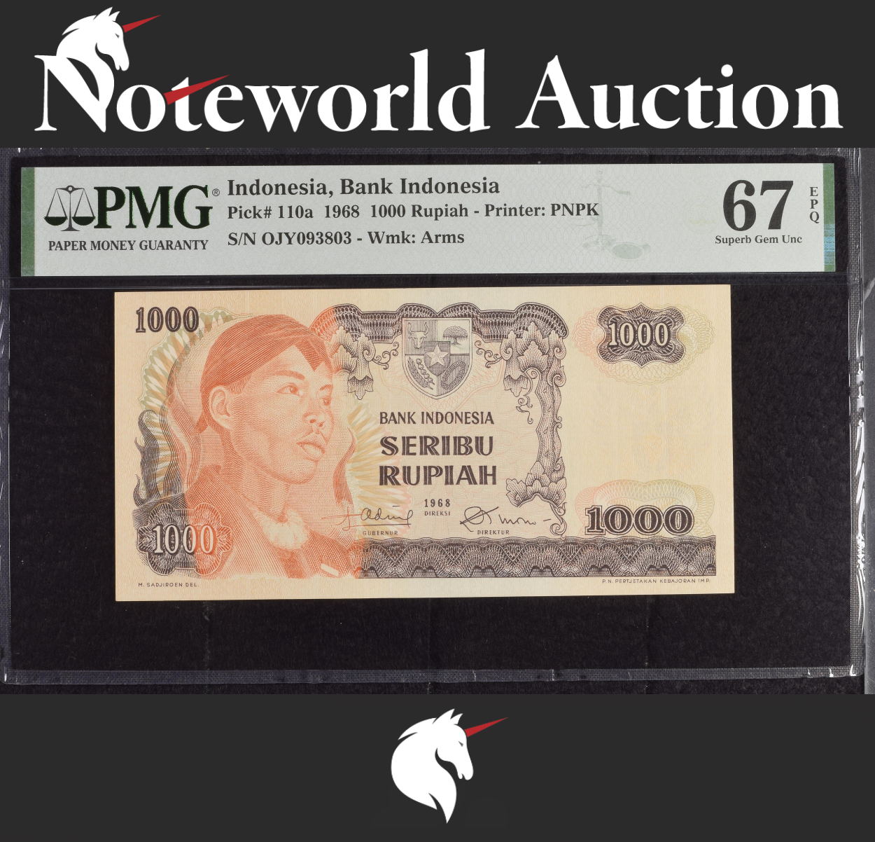 Indonesia Bank Indonesia 1000 Rupiah 1968 P 110a UNC PMG 67 EPQ