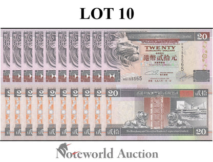 HONG KONG 20 Dollars 1996 P 201b HSBC Minor Foxing Lot 10 pcs 1/10 Bundle UNC