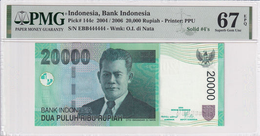 INDONESIA 20000 Rupiah 2004/2006 P 144c Fancy SOLID 4 - 444444 UNC PMG 67 EPQ