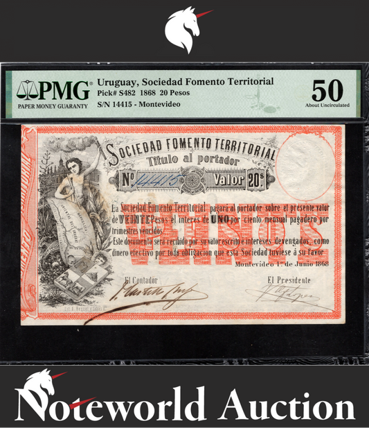 Uruguay Sociedad Fomento Territorial 20 Pesos 1868 P S482 AU PMG 50