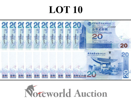 HONG KONG BOC Lot 10 pcs 1/10 Bundle - 20 Dollars 2009 P 335f UNC