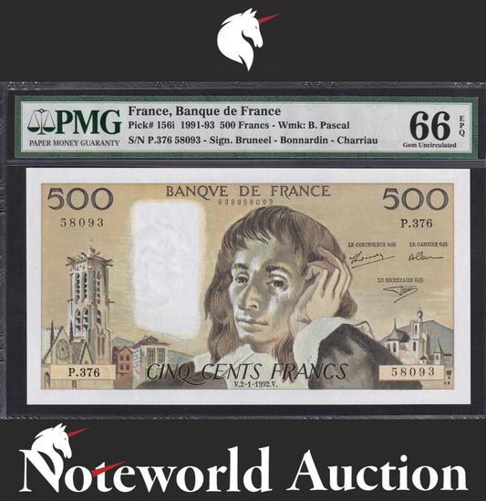 France Banque de France 500 Francs 1991-93 P 156i UNC PMG 66 EPQ 2nd TOP POP