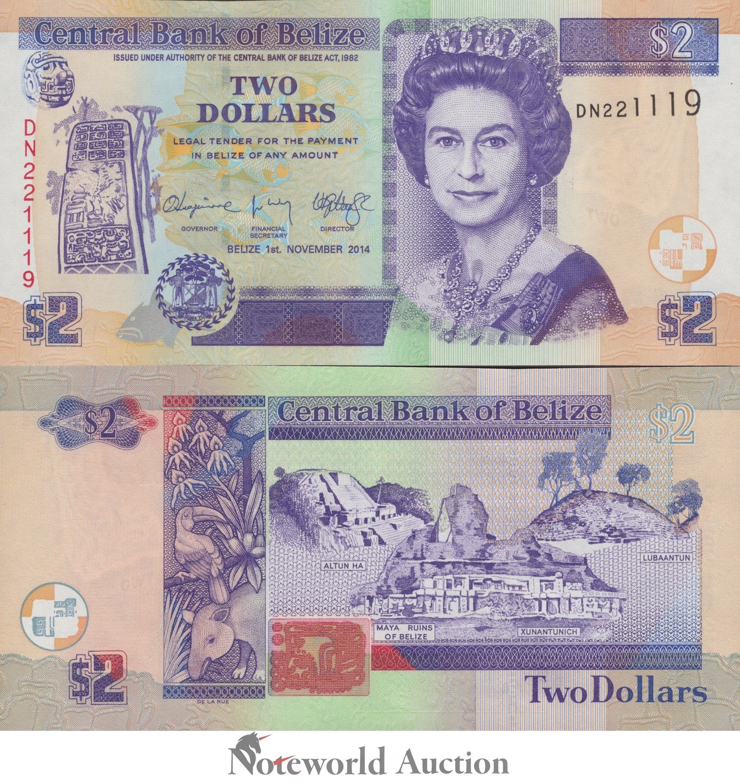 BELIZE Central Bank of Belize 2 Dollars 2014 P 66e Queen QEII UNC