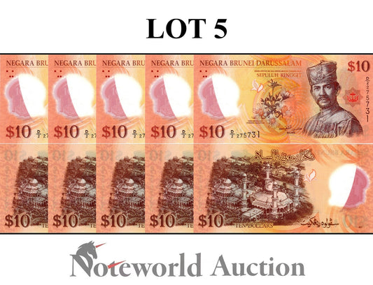 BRUNEI 10 Ringgit 2011 P 37 Polymer Lot 5 pcs 1/20 Bundle UNC