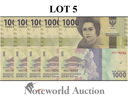 INDONESIA Lot 5 pcs 1/20 Bundle - 1000 Rupiah 2016/2018 P 154c(1) UNC