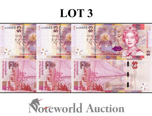 BAHAMAS 3 Dollars 2019 P 78 Fancy Lucky LOW S/N 00XXXX Lot 3 pcs UNC