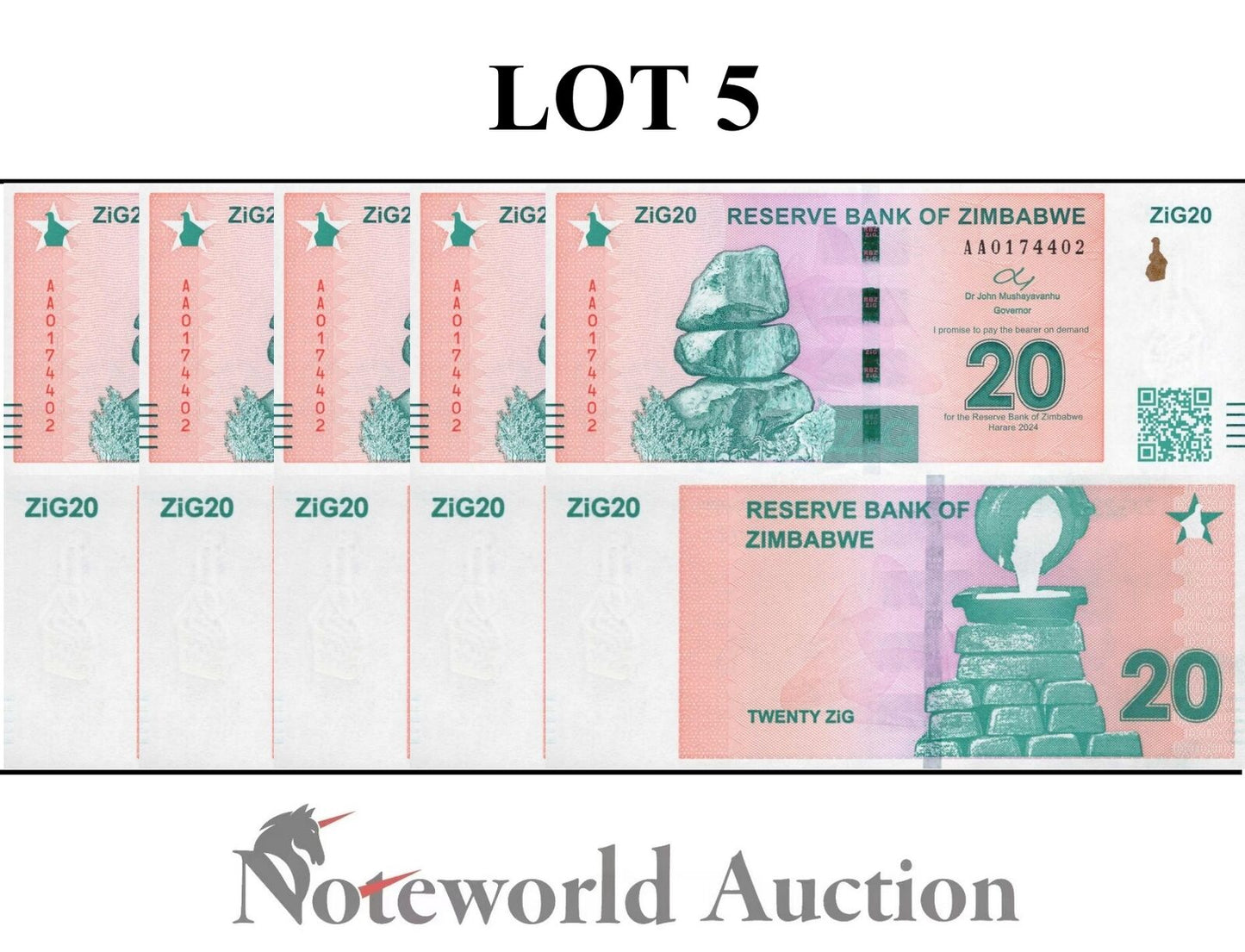 ZIMBABWE Lot 5 pcs 1/20 Bundle - 20 Zig 2024 P 111 First Prefix AA UNC