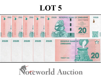 ZIMBABWE Lot 5 pcs 1/20 Bundle - 20 Zig 2024 P 111 First Prefix AA UNC