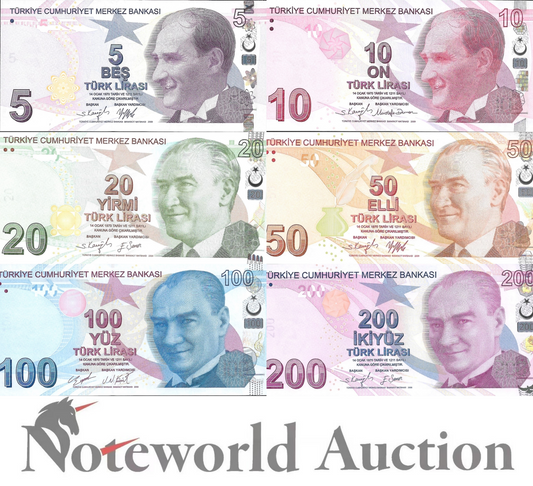 TURKEY Set 6 pcs - 5 10 20 50 100 200 Turk Lirasi 2009-2023 P 222 223 - 227 UNC