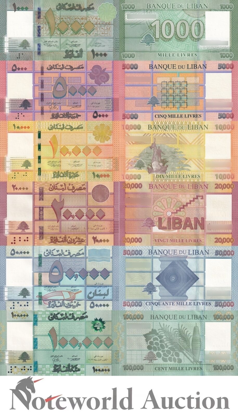 LEBANON Set 6 Lot 5 - 1000-100000 Livres 2016-2022 P 90c(1) 91 92 93 94 95 UNC