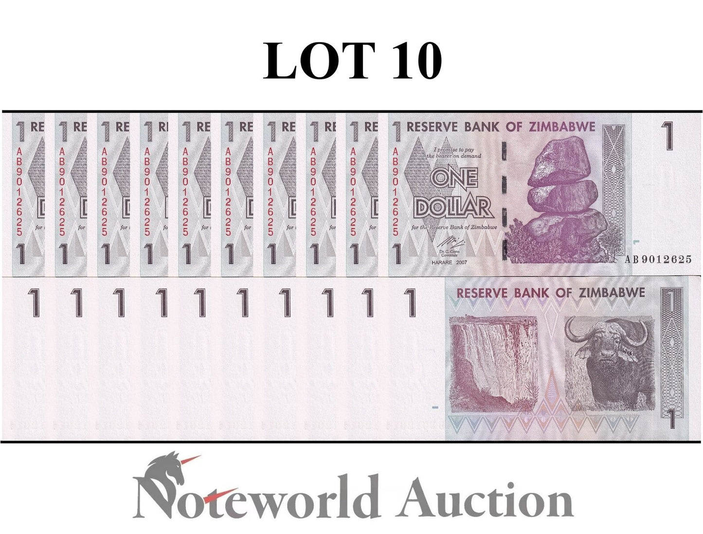 ZIMBABWE Lot 10 pcs 1/10 Bundle - 1 Dollar 2007 P 65 UNC