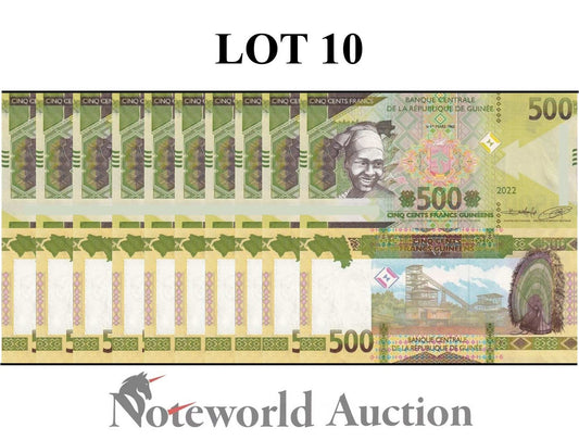 GUINEA 500 Francs 2022 P 52 Lot 10 pcs 1/10 Bundle UNC