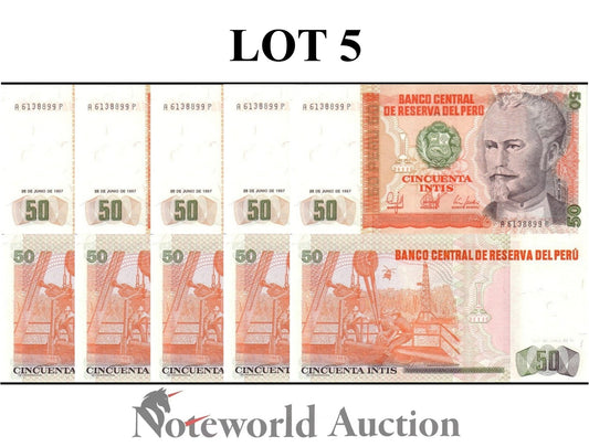 PERU 50 Intis 1987 P 131b Lot 5 pcs 1/20 Bundle UNC