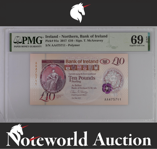 Ireland Northern £10 2017 P 91a Polymer AA UNC 2nd PMG 69 EPQ TOP POP