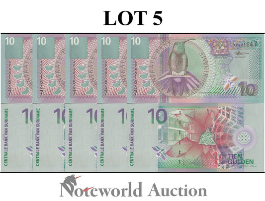 SURINAME 10 Gulden 2000 P 147 Lot 5 pcs 1/20 Bundle UNC