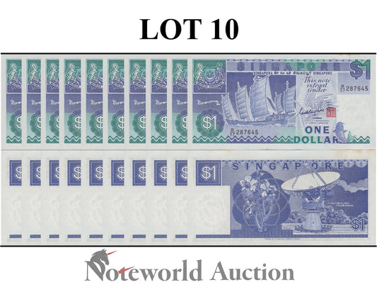 SINGAPORE Lot 10 pcs 1/10 Bundle - 1 Dollar ND 1987 P 18 MINOR FOXING UNC