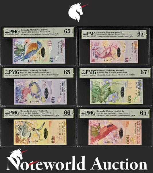 Bermuda Set 6 p - 2 5 10-100 2009 P 57a 58a-62a Match S/N 770 UNC PMG 65-67 EPQ