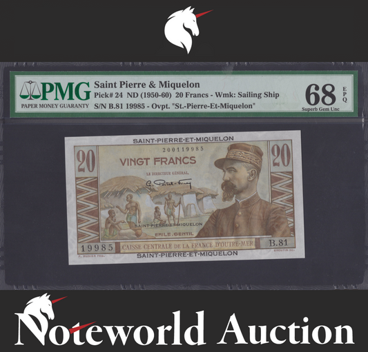 Saint Pierre Miquelon 20 Francs ND (1950-60) P 24 UNC PMG 68 EPQ 2nd TOP POP