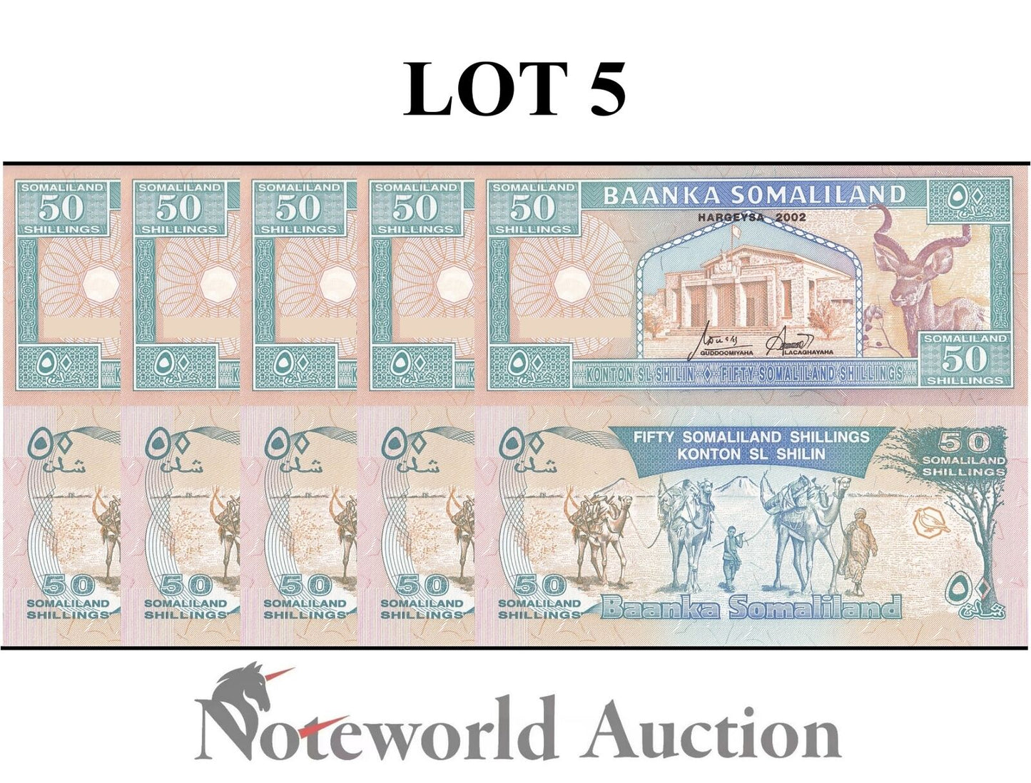  SOMALILAND LOT 5 pcs 1/20 Bundle - 50 Shillings 2002 P 7d UNC