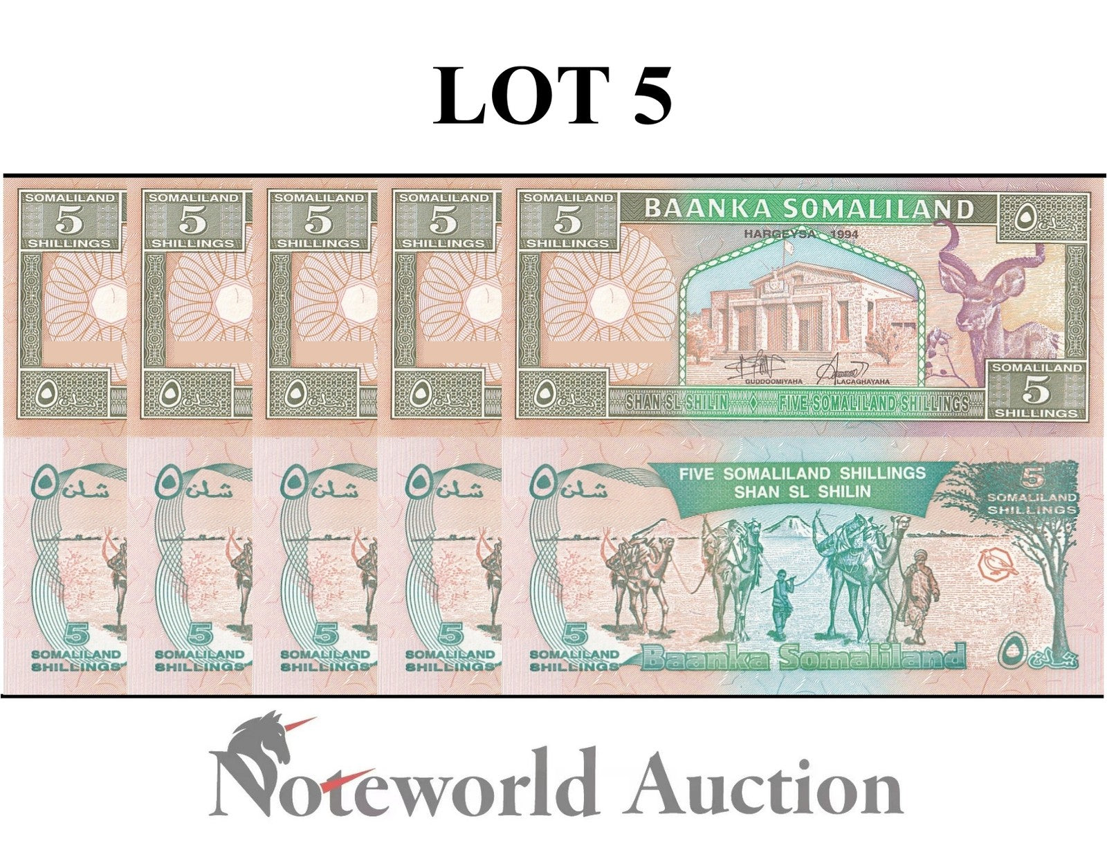 SOMALILAND 5 Shillings 1994 P 1a LOT 5 pcs 1/20 Bundle UNC