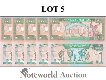 SOMALILAND 5 Shillings 1994 P 1a LOT 5 pcs 1/20 Bundle UNC