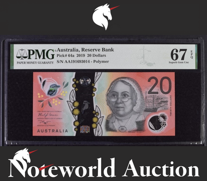 Australia 20 2019 P 64a Polymer AA First Prefix Superb Gem UNC PMG 67 EPQ