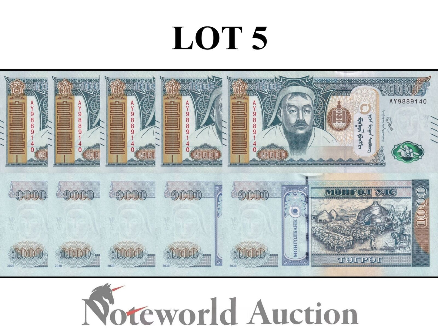 MONGOLIA Lot 5 pcs 1/20 Bundle - 1000 Togroh 2020 P 75 New Security UNC