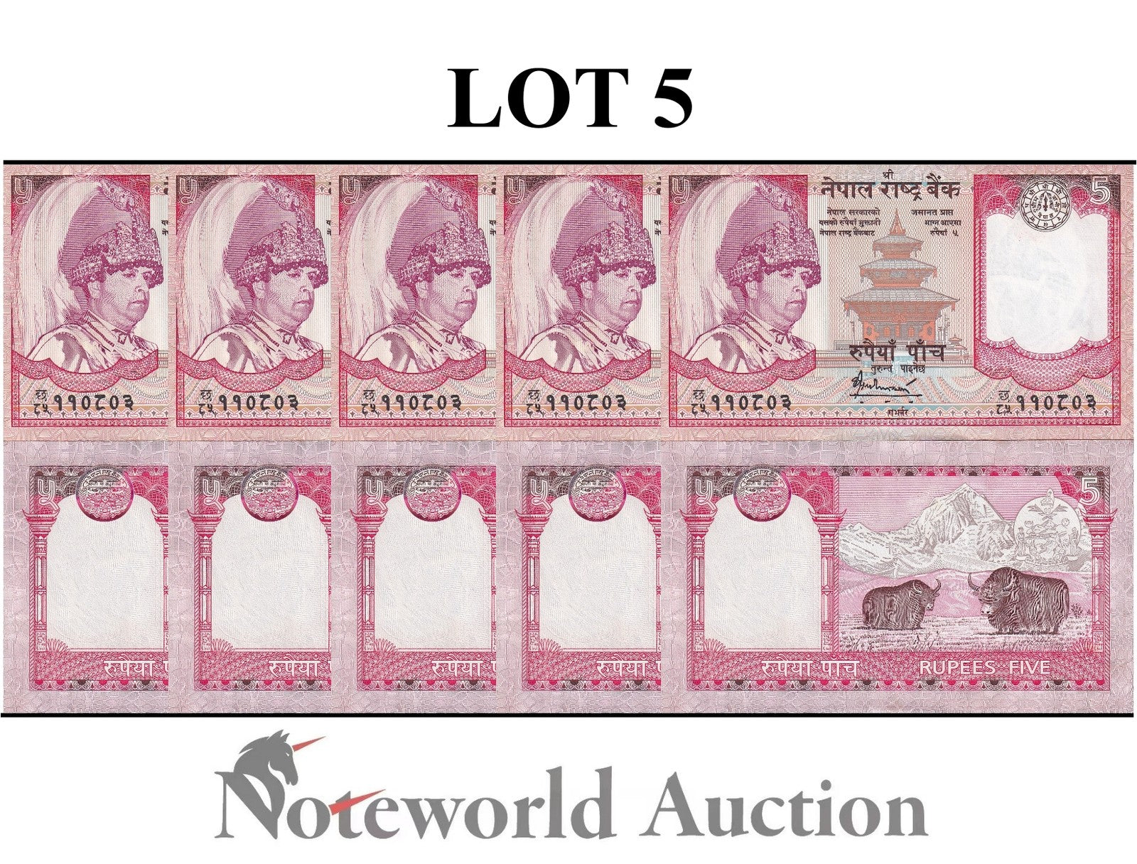 NEPAL 5 Rupees ND 2005-2006 P 53 Lot 5 pcs 1/20 Bundle UNC