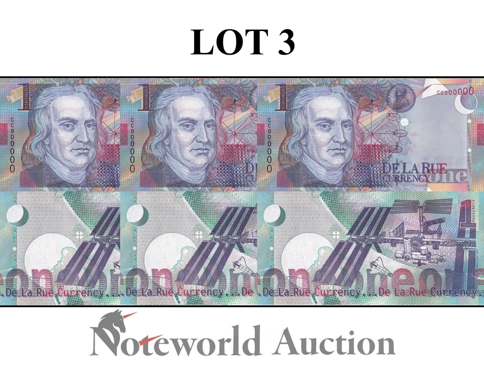 DE LA RUE Lot 3 pcs TEST NOTE - 1 Housenot 1999 CC Prefix isaac Newton UNC