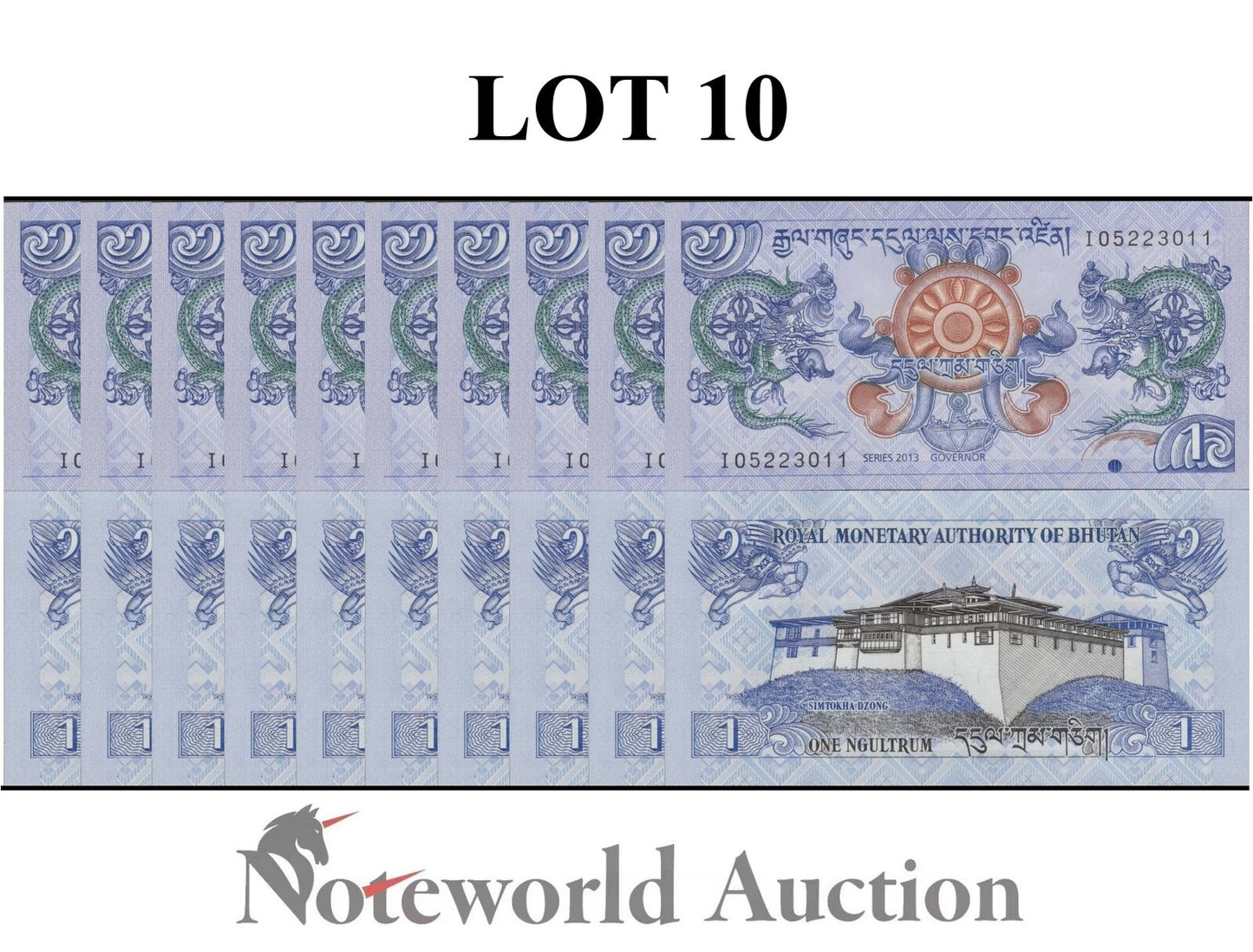 BHUTAN Lot 10 pcs 1/10 Bundle - 1 Ngultrum 2013 P 27b Simtokha Dzong Dragons UNC