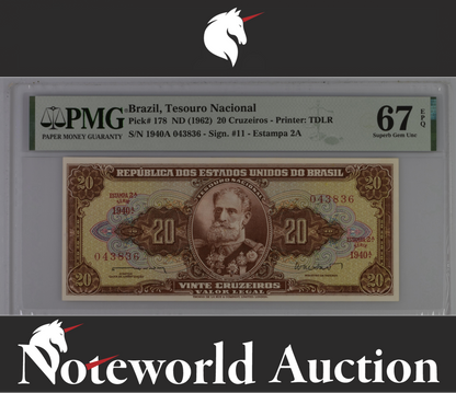 BRAZIL 20 Cruzeiros ND (1962) P 178 Estampa 2A UNC PMG 67 EPQ TOP POP