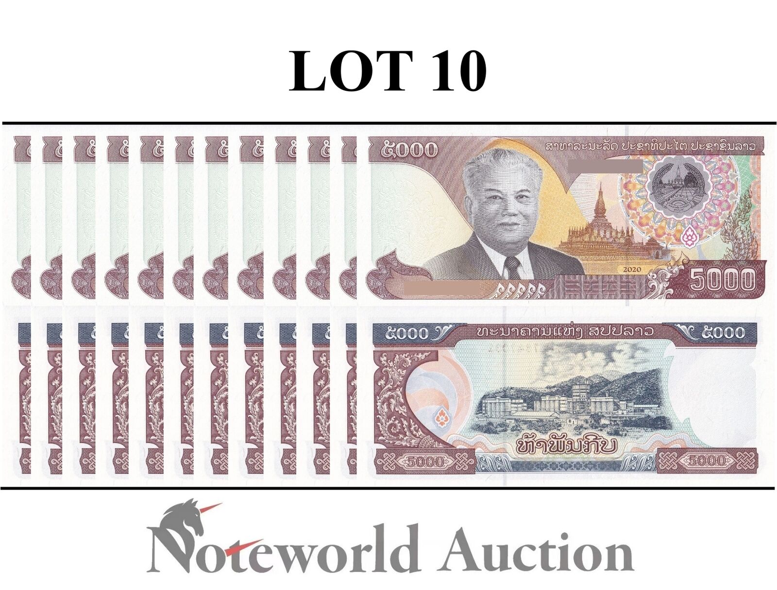 LAOS Lot 10 pcs 1/20 Bundle - 5000 Kip 2020/2022 P 41A UNC