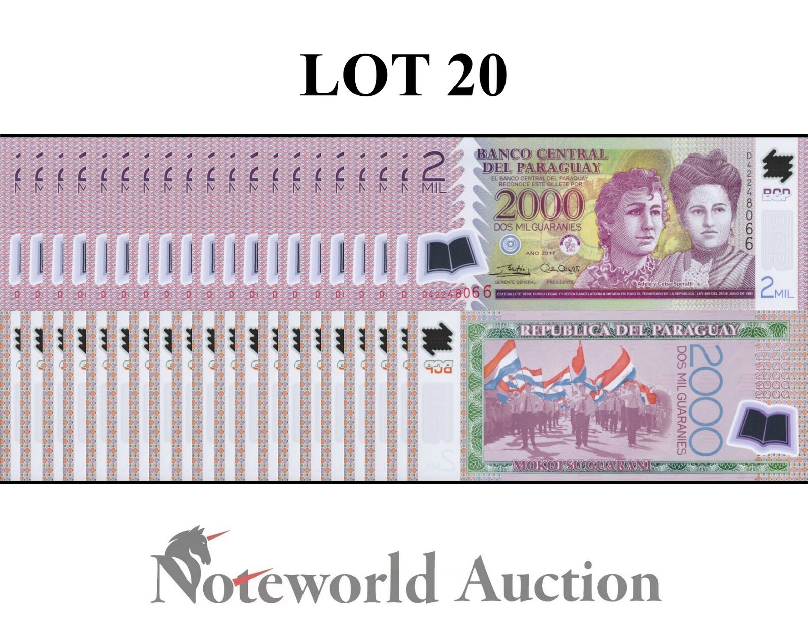 PARAGUAY Lot 20 pcs 1/5 Bundle - 2000 Guaranies 2017 P 228 Polymer UNC