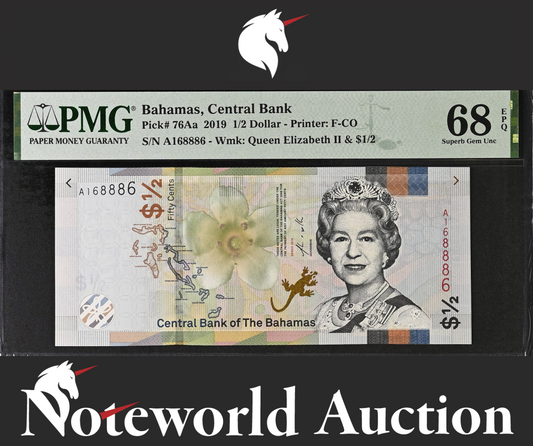 Bahamas Central Bank 1/2 Dollar 2019 P 76Aa A77 UNC PMG 68 EPQ NR 3rd TOP POP