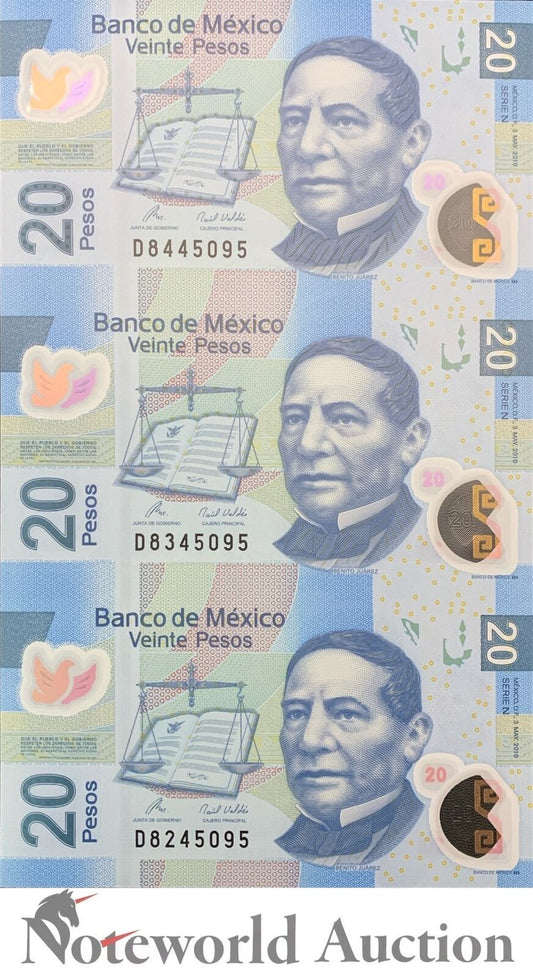 MEXICO 20 Pesos 2010 P 122n Polymer UNCUT 3 IN 1 UNC