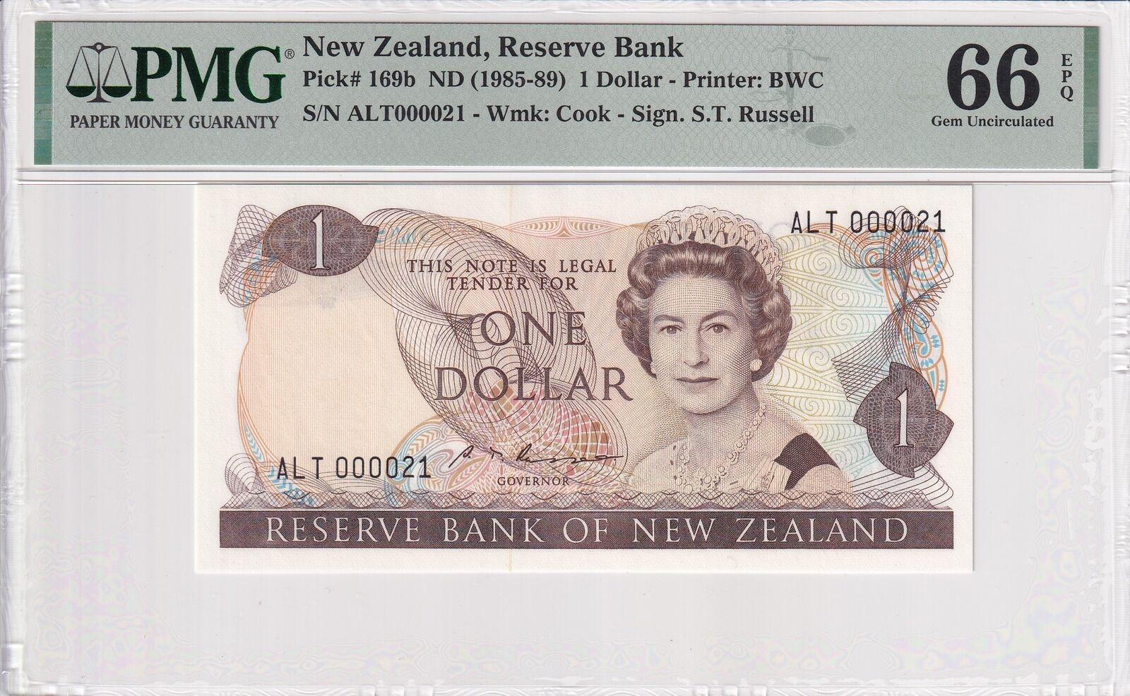 NEW ZEALAND 1 Dollar 1985-89 P 169b Fancy LOW SERIAL NO. 21 UNC PMG 66 EPQ