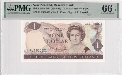 NEW ZEALAND 1 Dollar 1985-89 P 169b Fancy LOW SERIAL NO. 21 UNC PMG 66 EPQ