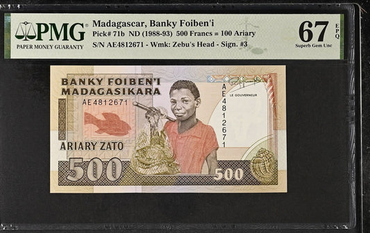 MADAGASCAR 500 Francs 100 Ariary 1988-93 P 71b UNC PMG 67 EPQ