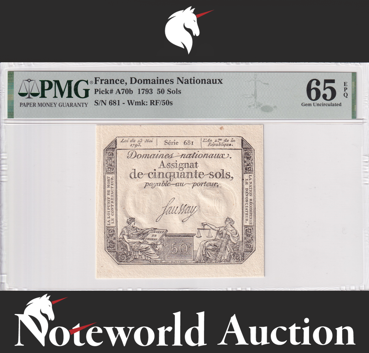 France 50 Sols 1793 P A70b UNC PMG 65 EPQ