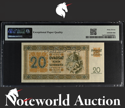 Slovakia Republic 20 Korun 1942 P 7s SPECIMEN UNC PMG 67 EPQ TOP POP